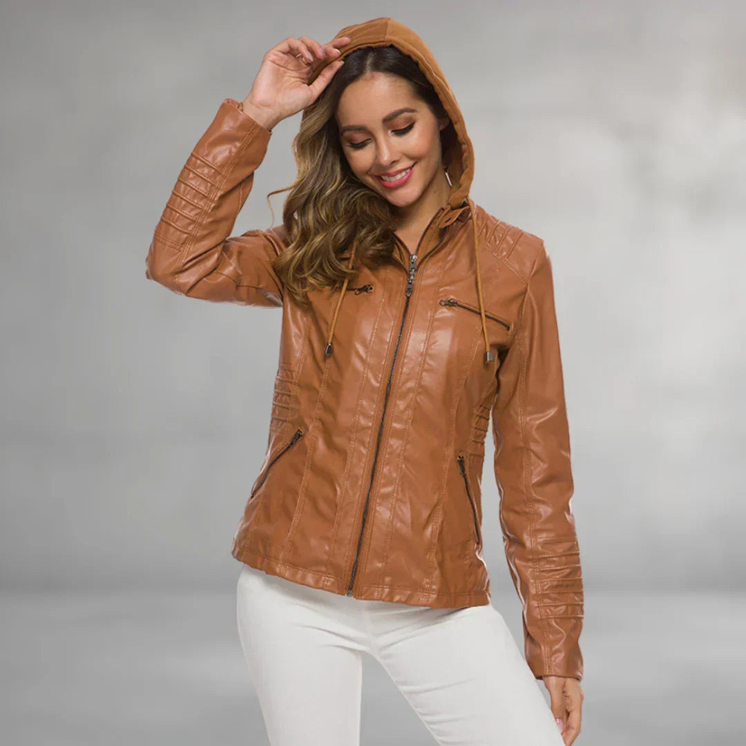 Ysolde hooded leather jacket in brown, worn with hood up