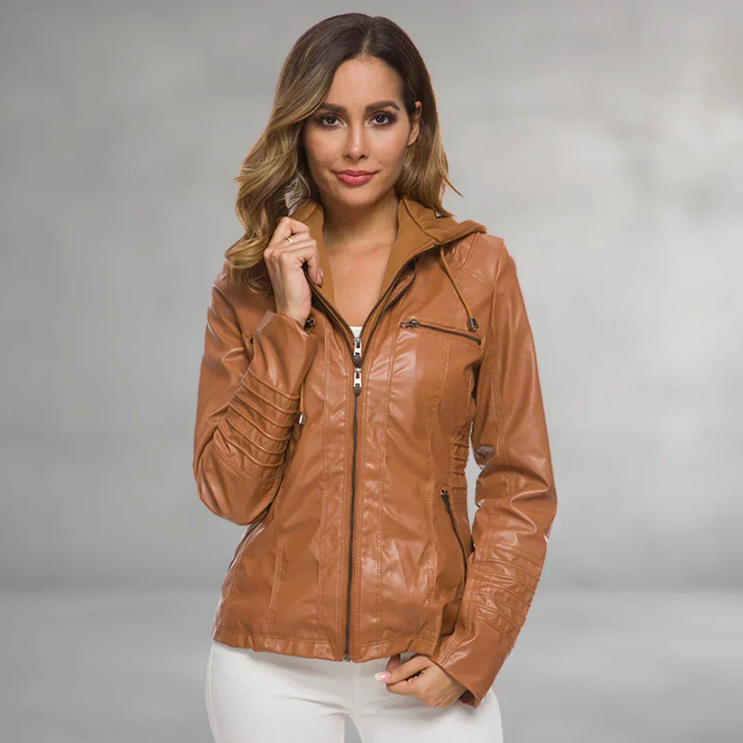 Ysolde hooded leather jacket in brown, worn front view with hood down