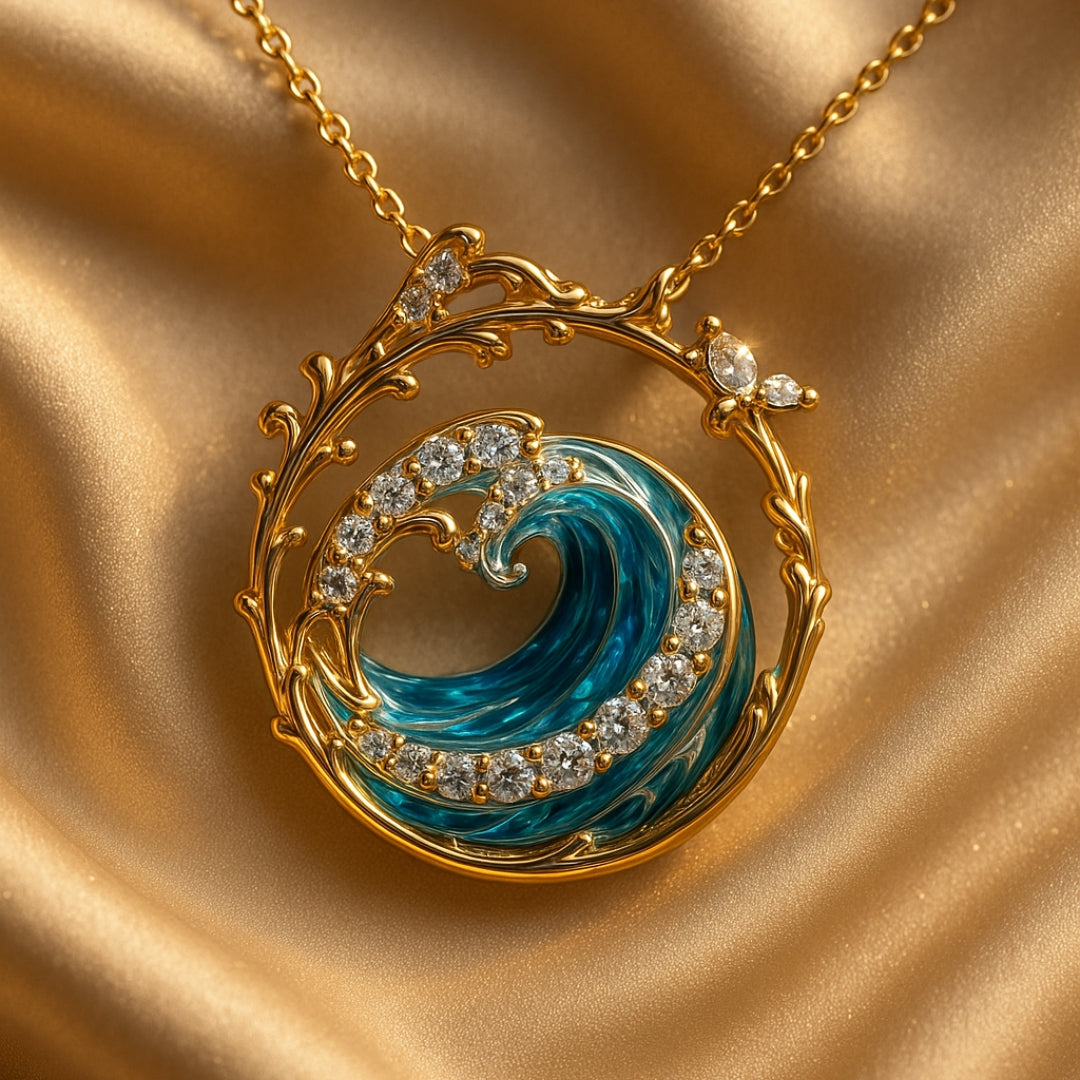 Eternal Wave gold necklace pendant on gold satin, top view