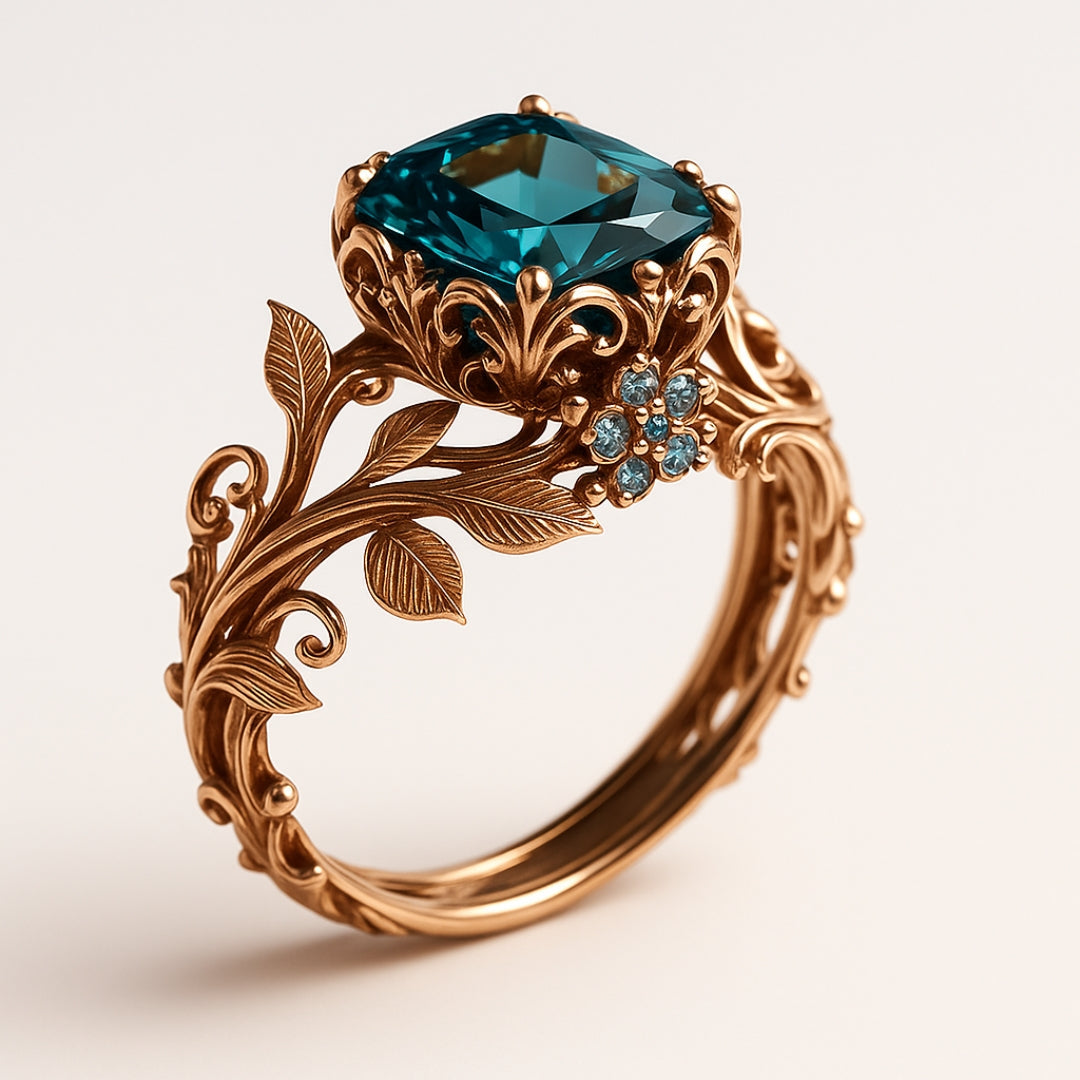 Green crystal ring in gold tone on plain background, side view