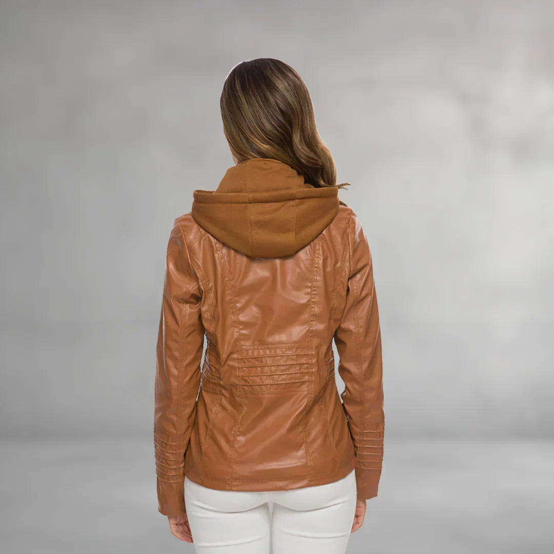 Ysolde hooded leather jacket in brown, worn back view