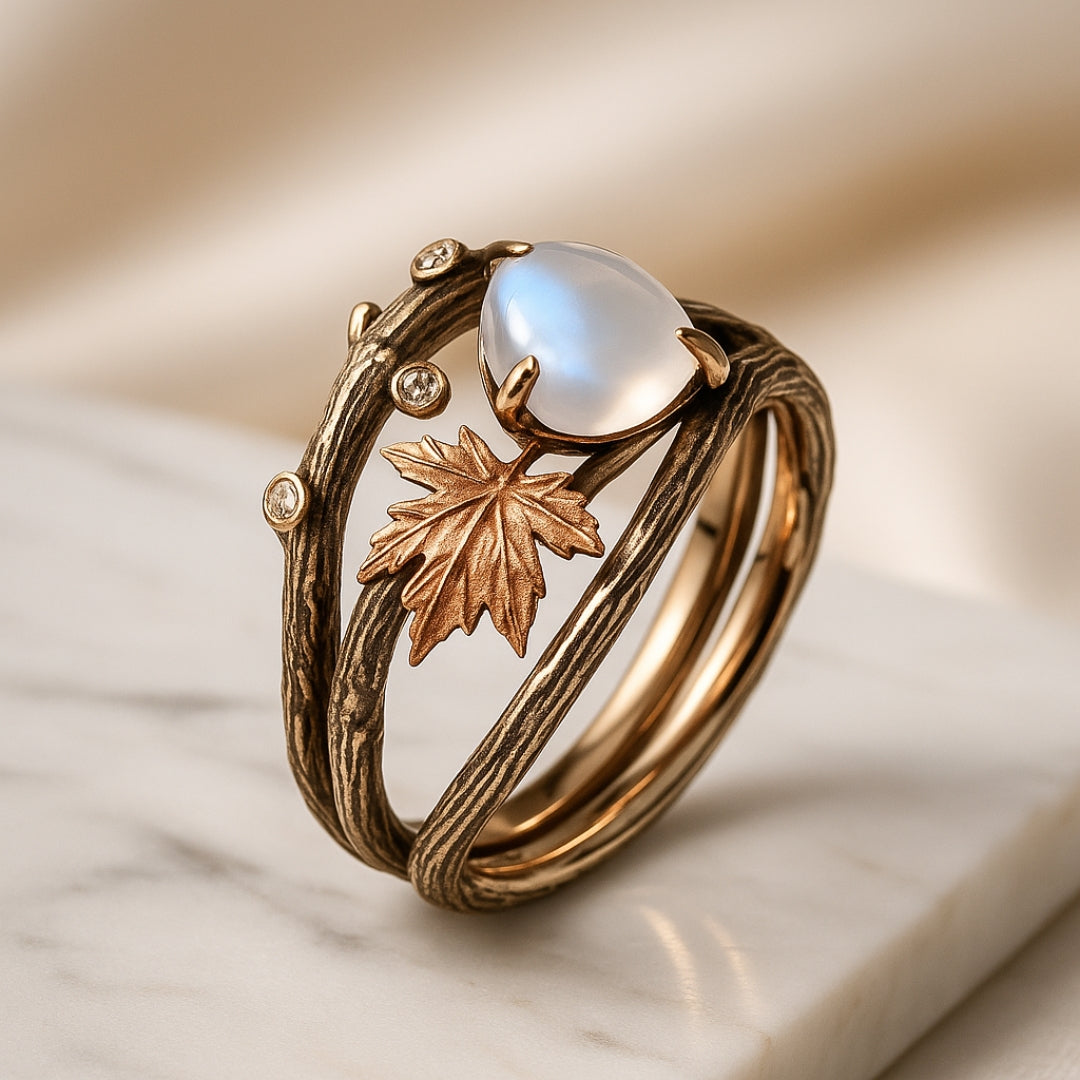 Moonstone ring in warm gold tone on marble, close side view
