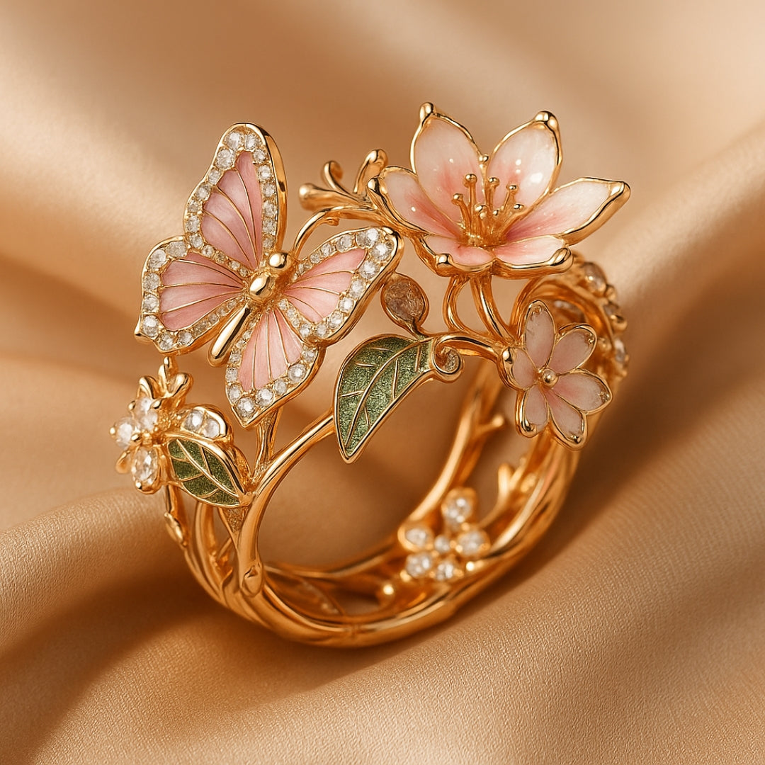 Butterfly zirconia ring on silk, showing twig-style band