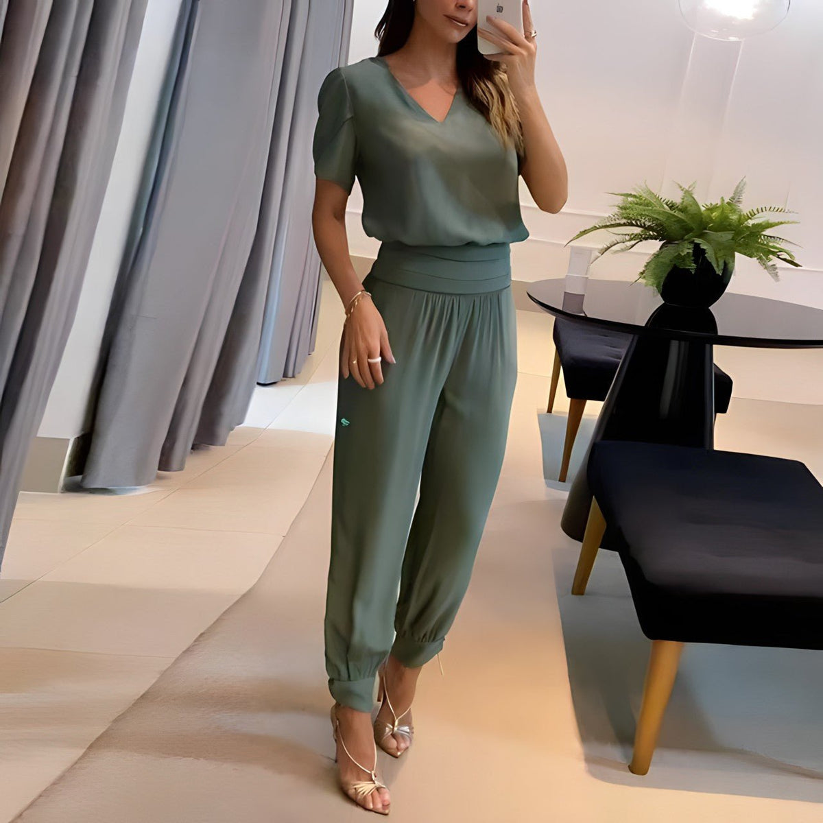 Vivienne two-piece set in olive green, front full-length view
