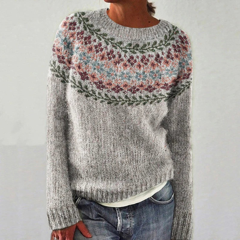 Genesis retro Scandinavian knitted sweater in grey with floral Nordic yoke, front view