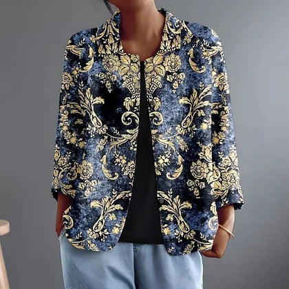 Nolwen blouse in dark blue and gold, relaxed open front with collar and sleeves