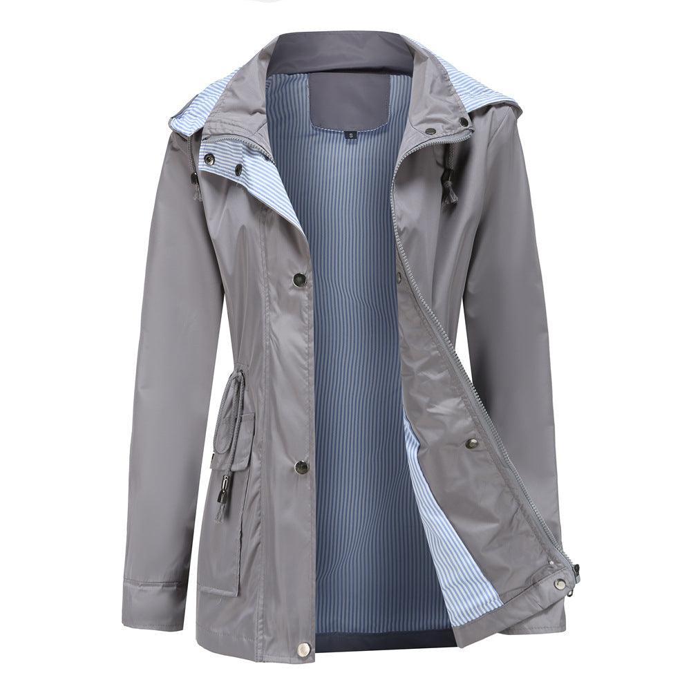 Evania hooded waterproof jacket in grey, front view with striped trim