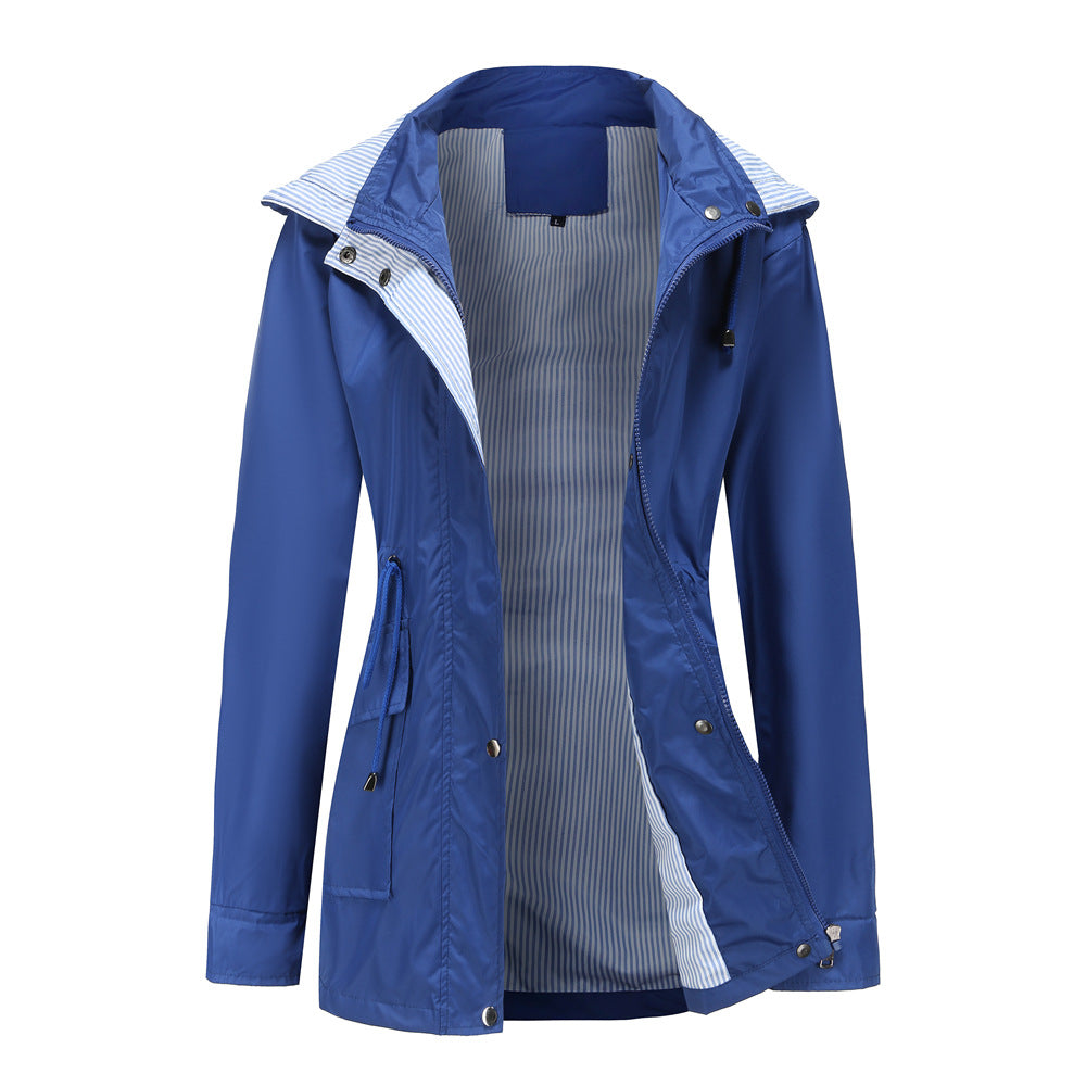 Evania hooded waterproof jacket in blue, front view