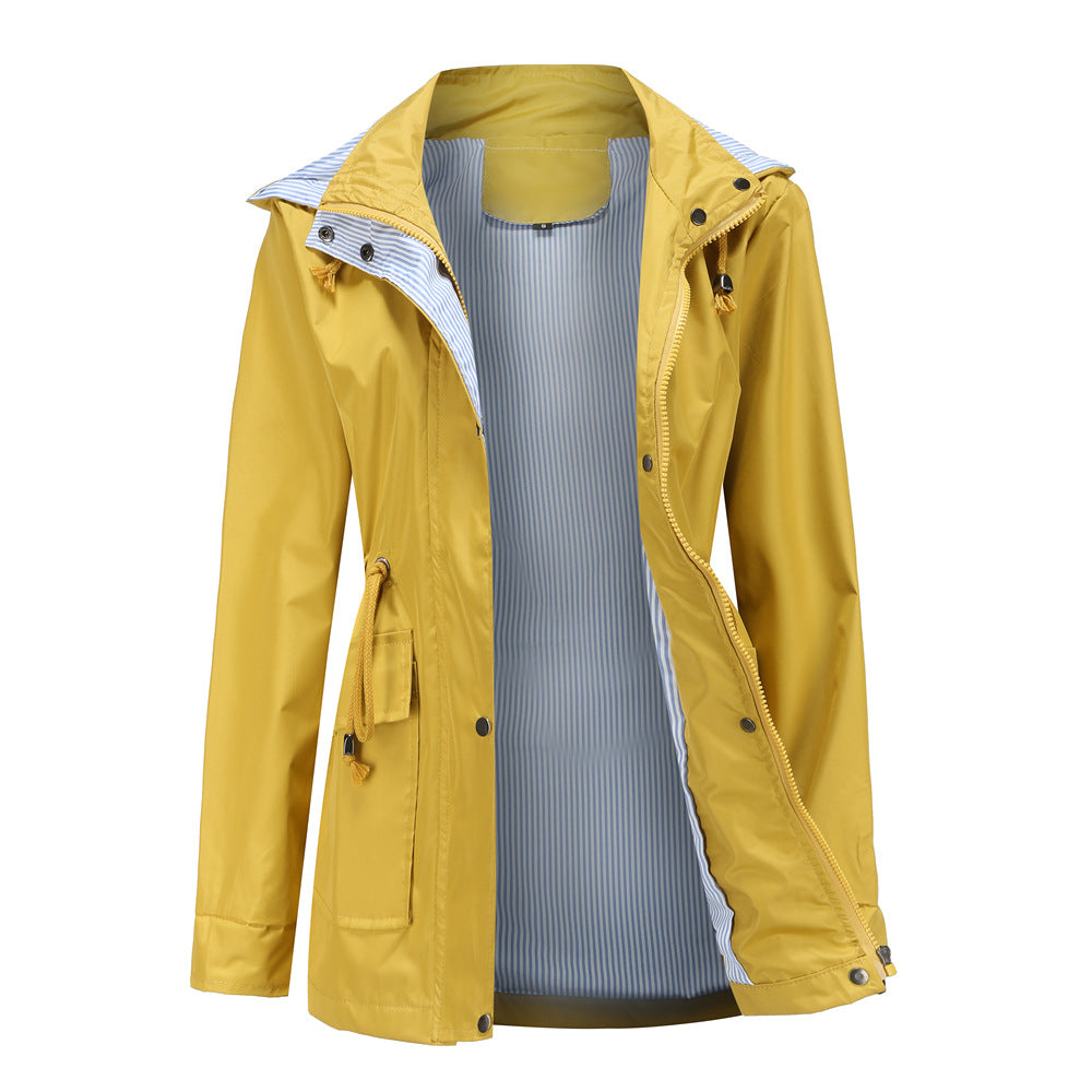 Evania hooded waterproof jacket in yellow, front view