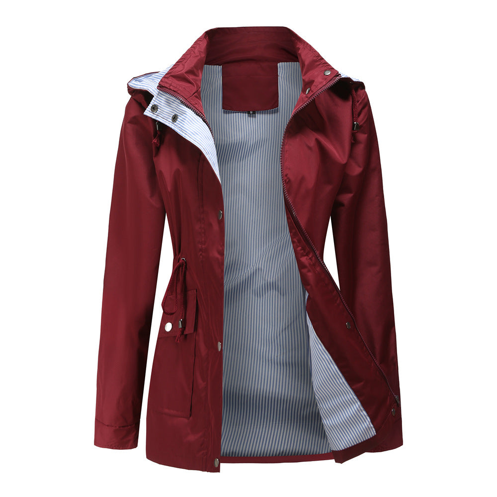 Evania hooded waterproof jacket in burgundy, front view