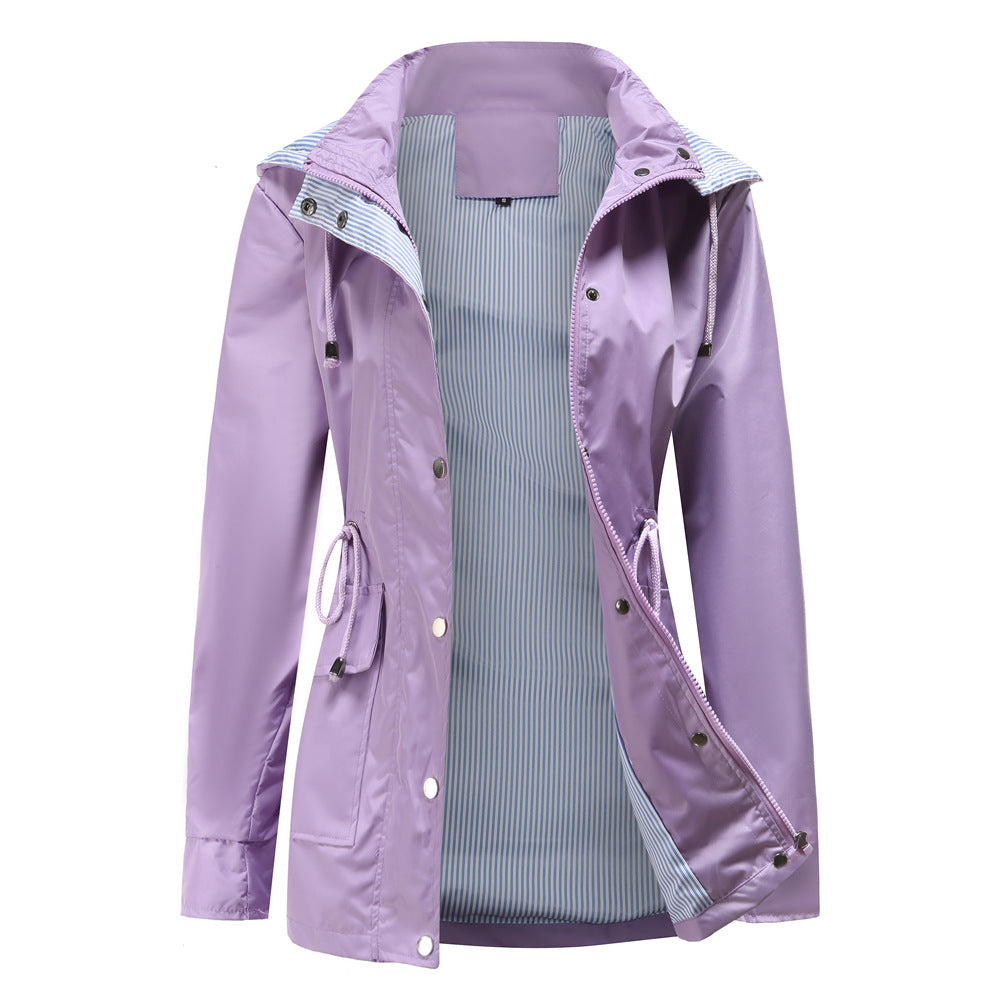 Evania hooded waterproof jacket in lavender, front view