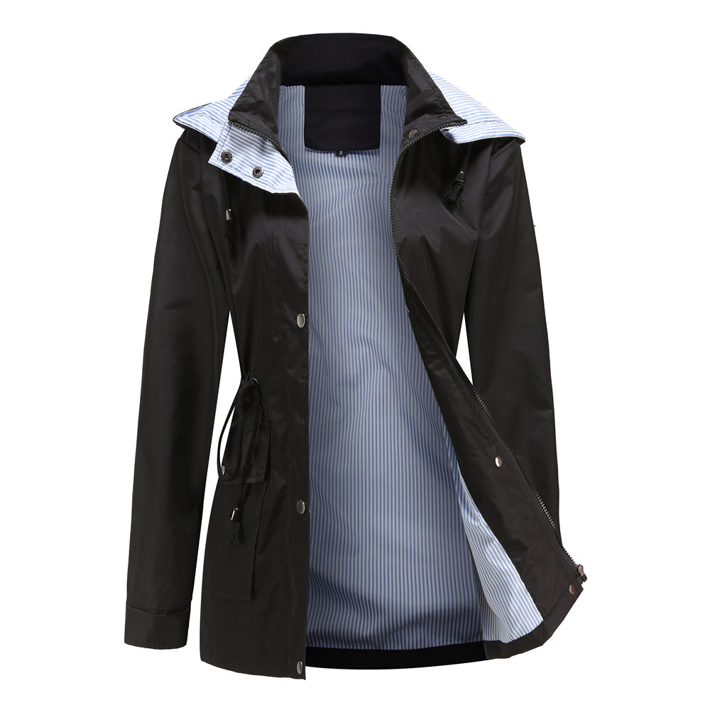 Evania hooded waterproof jacket in black, front view