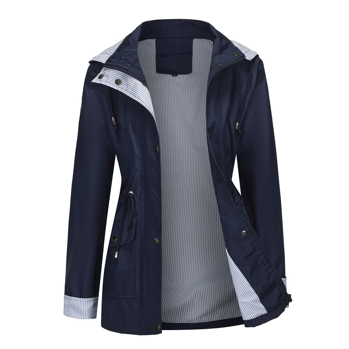 Evania hooded waterproof jacket in navy, front view