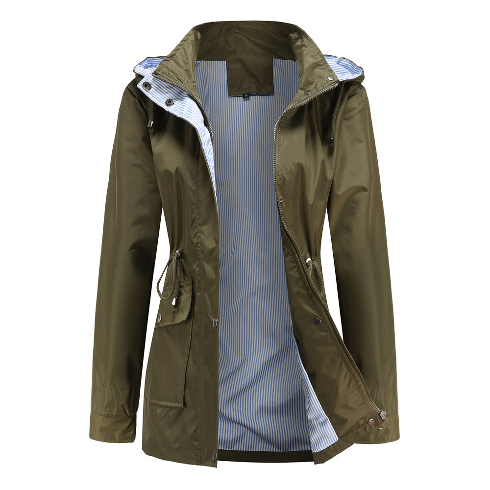 Evania hooded waterproof jacket in olive, front view