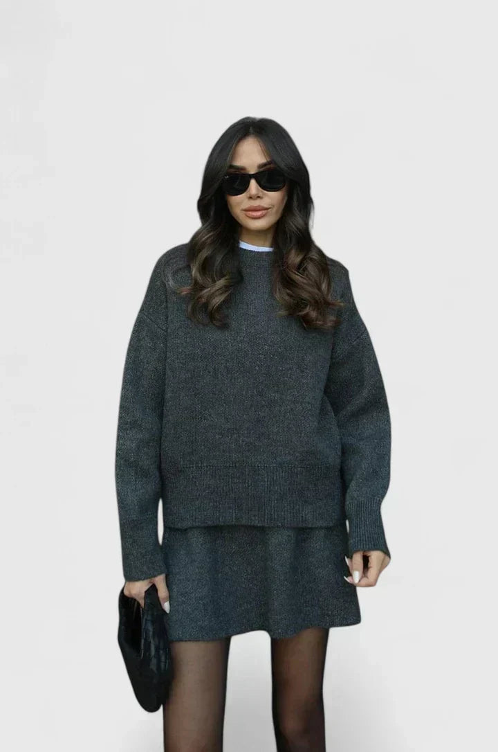 Ximaryell knitted sweater set in grey, full-length front view