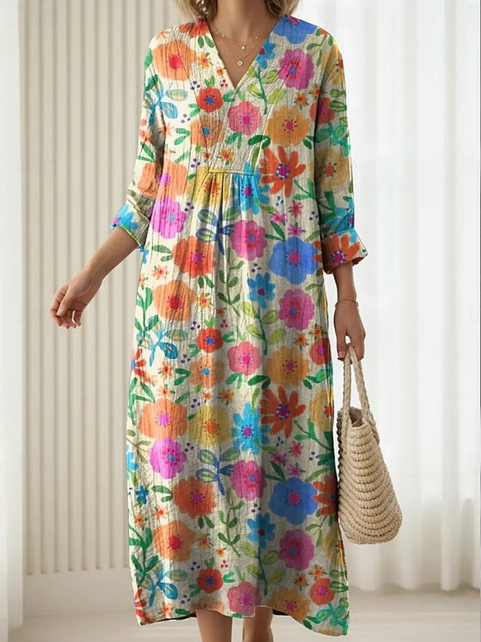 Emma everyday comfort dress in multicoloured floral print, full-length front view