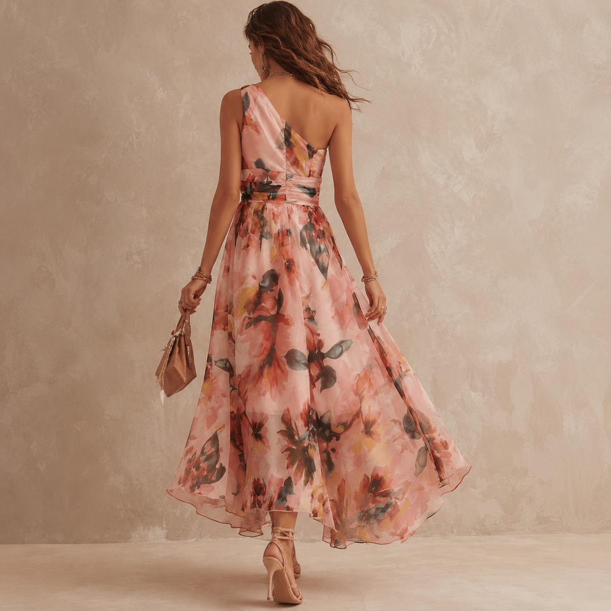 Alexandra one-shoulder floral maxi dress in pink, back view
