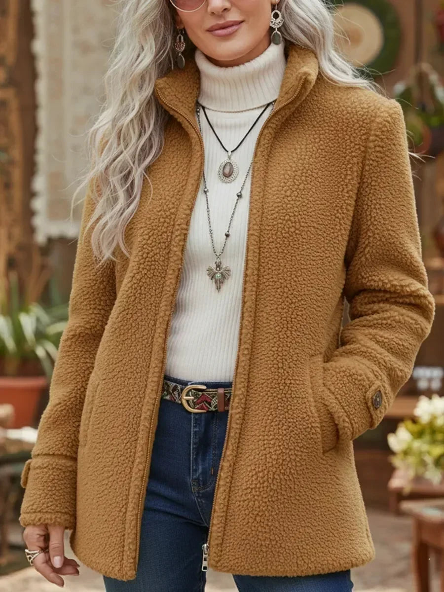 Judith stand-collar zip jacket in camel, front view with stand collar