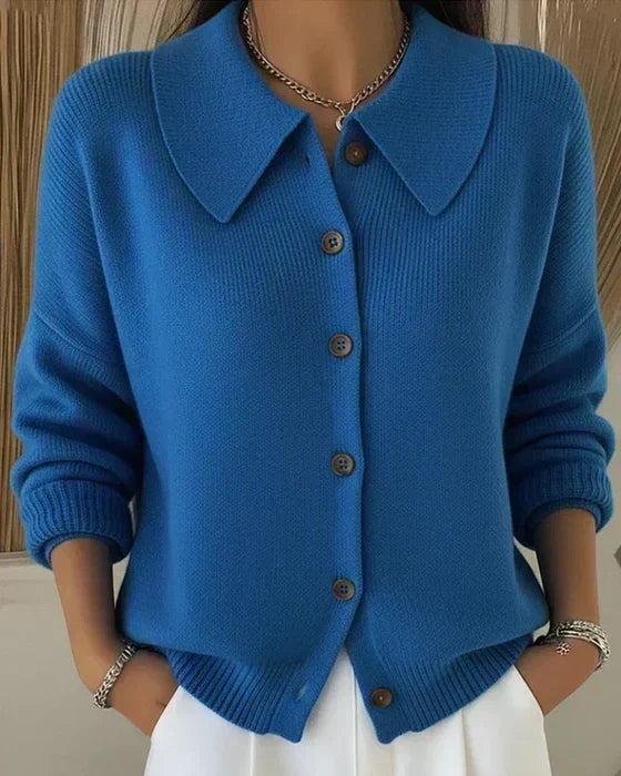 Vega collared button-up cardigan in blue, front view