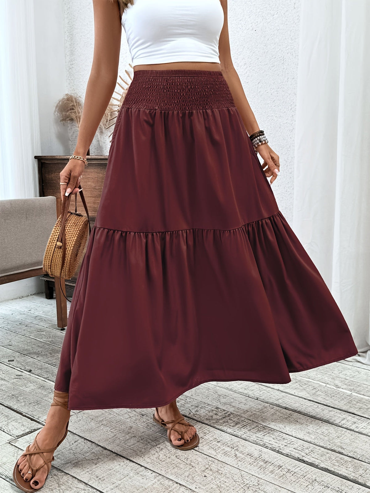 Tahlia tiered maxi skirt in burgundy, full-length front view