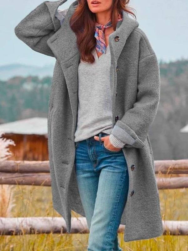 Virginia long hooded coat in grey, worn open over jeans