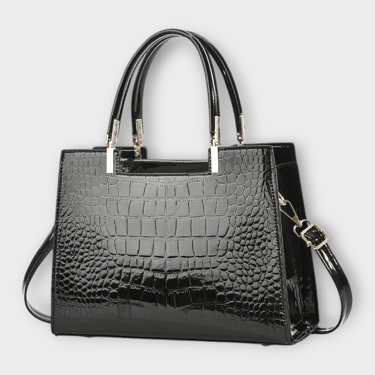 Maison Verdelle croc-effect handbag in black, front view with strap