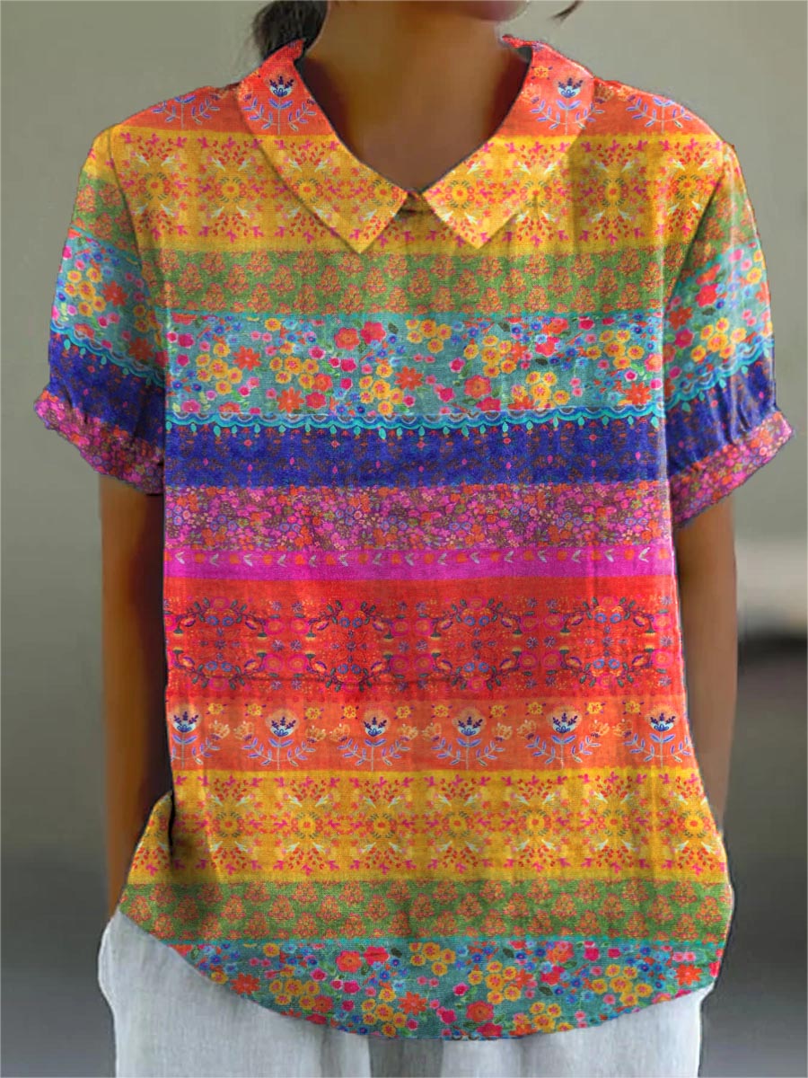 Maya floral striped blouse in multicolour, front view with pointed collar