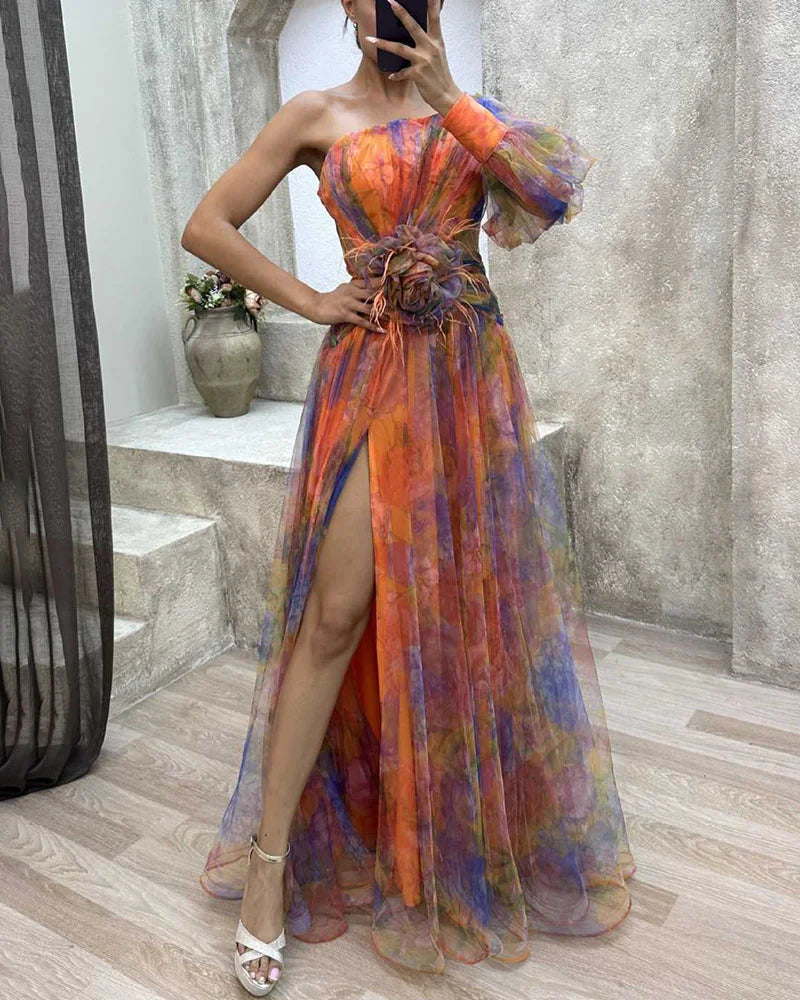 Orit split maxi dress in orange floral, full-length front view