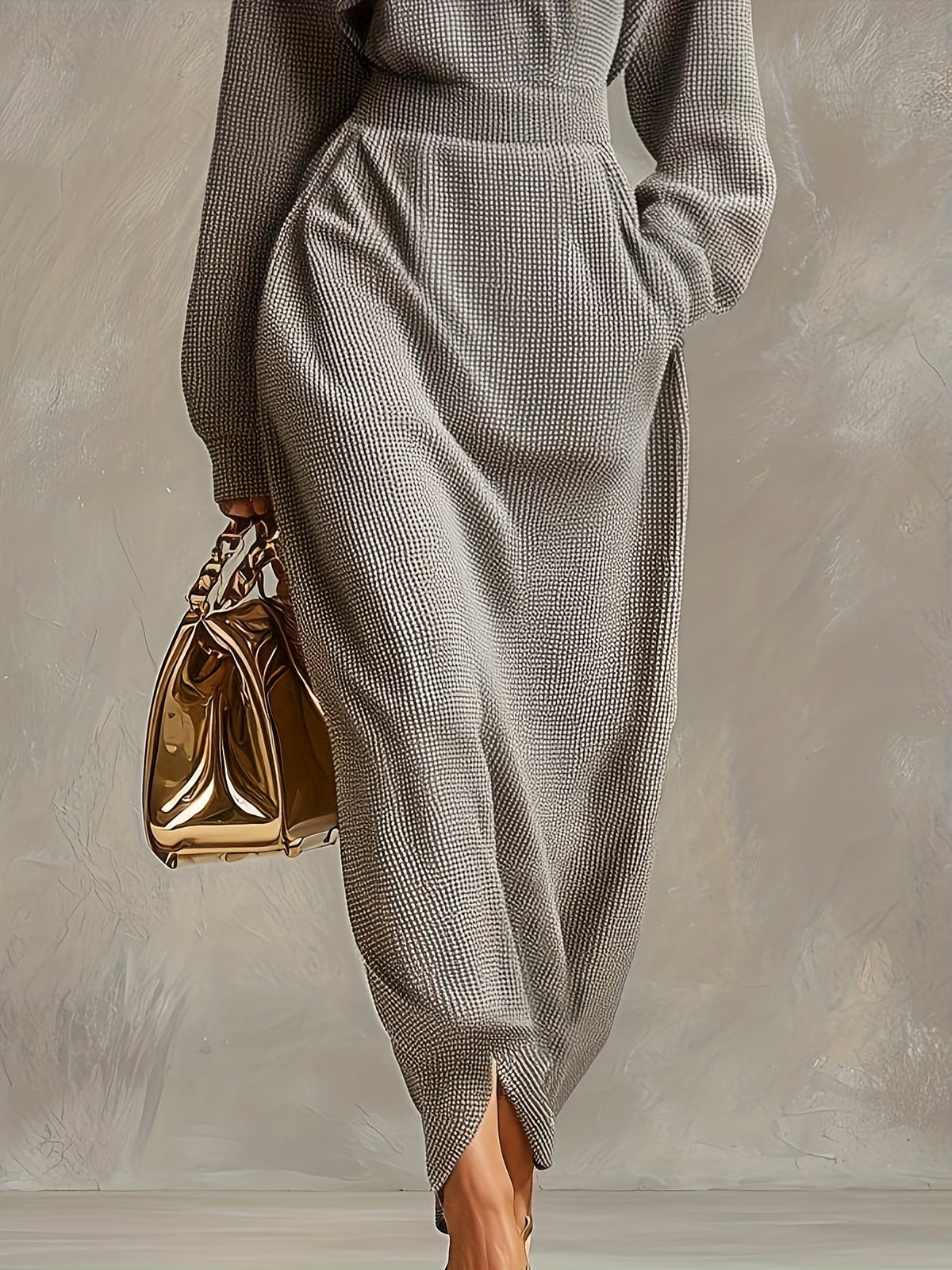 Stella Ertois maxi dress in grey, close view of skirt and hem slit