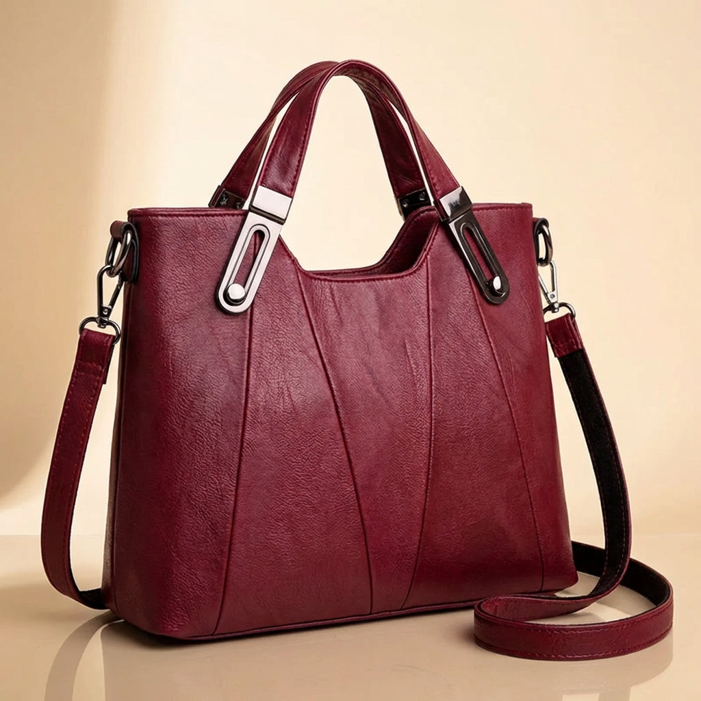 Sienna handbag in burgundy, angled view showing top handles