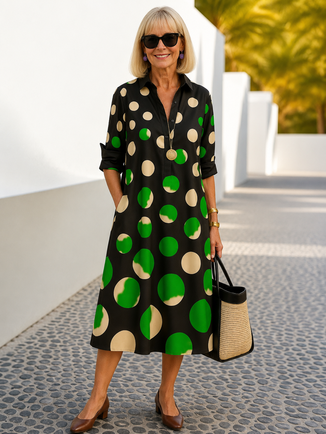 Kaliyah modern midi dress in black with green and cream spots, full-length front view