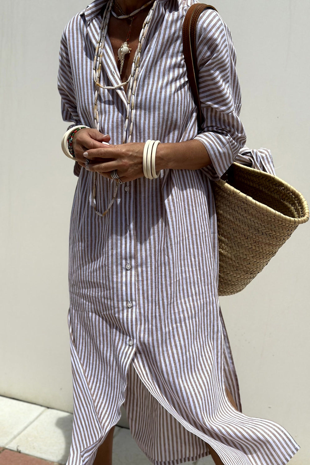 Sophia striped shirt dress in khaki, close view of skirt and slit