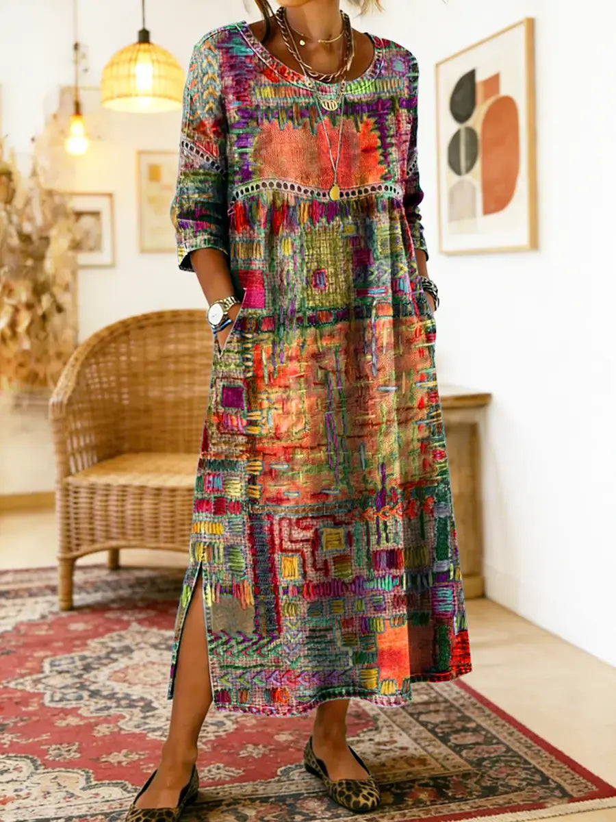 Sabine bohemian print maxi dress in orange, full-length front view