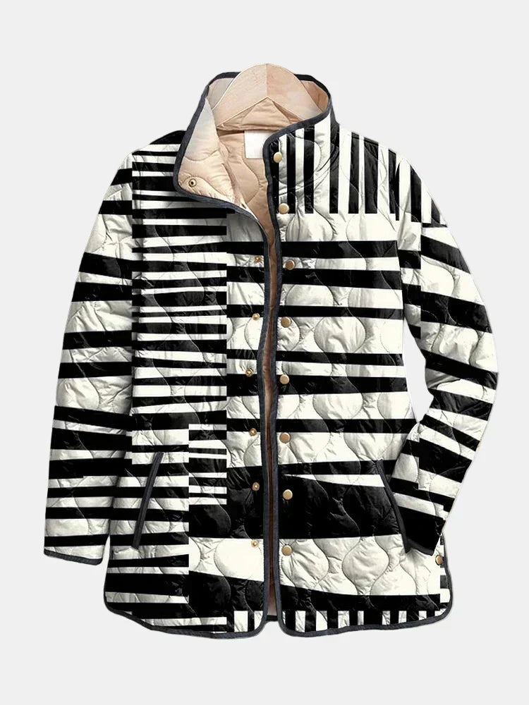 Miren quilted jacket in black and white abstract print, front view