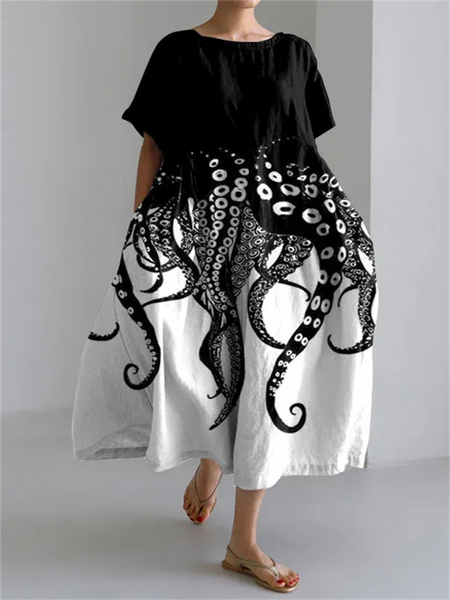 Henrietta midi dress in black and white octopus print, full-length front view