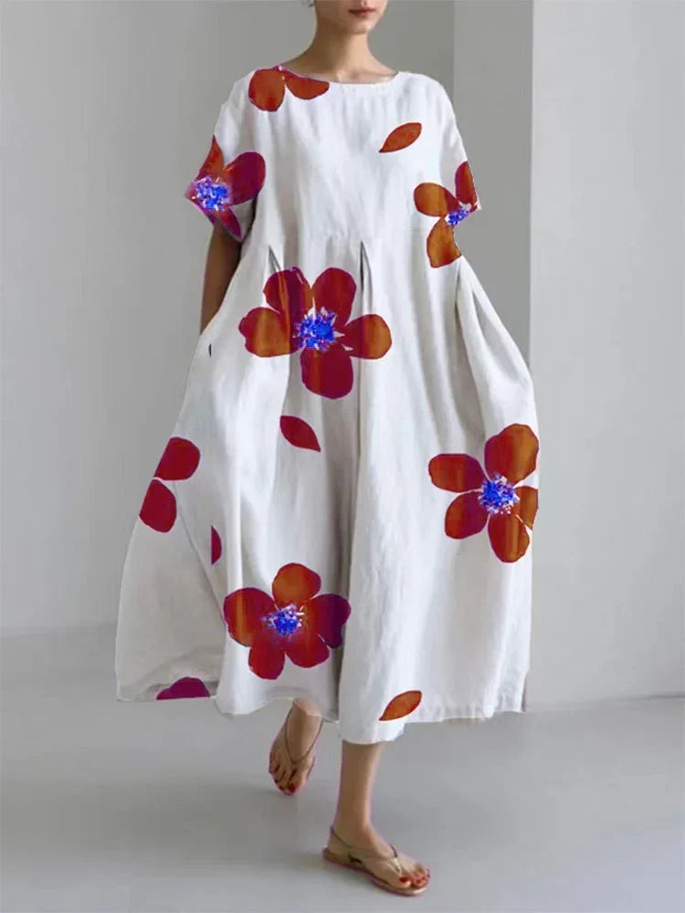 Mirabel floral summer dress in white with red blooms, full-length front view