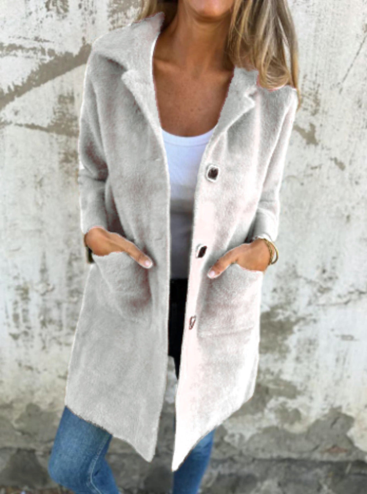 Morwenna long button coat in white, front view