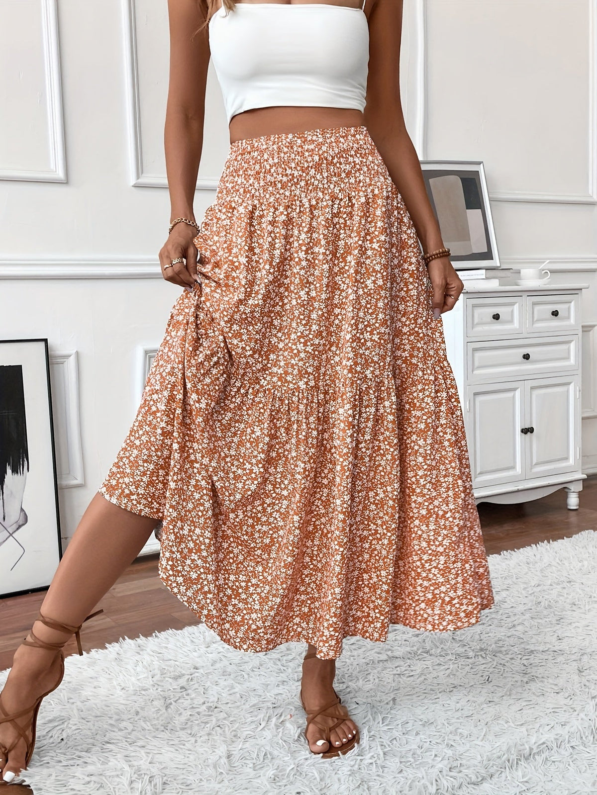 Tahlia tiered floral maxi skirt in khaki, full-length front view
