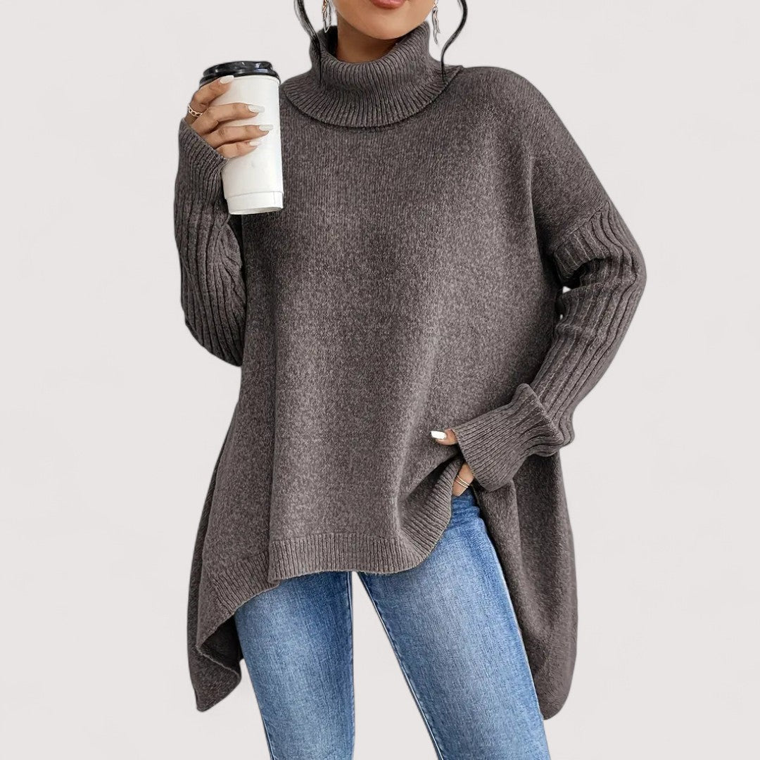 Fenella long turtleneck sweater in espresso brown, front view