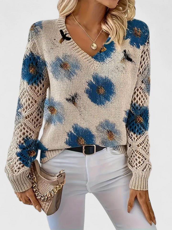 Tahlia floral sweater in blue floral print, standing front view