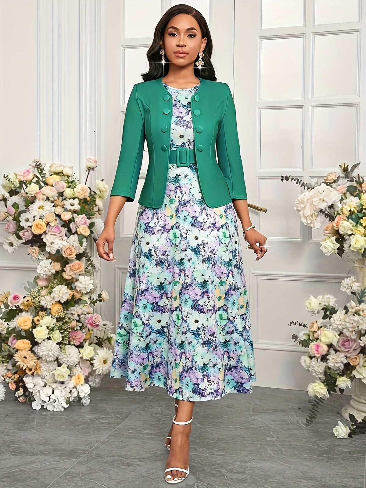 Amelie Lane set in green with watercolour floral skirt, full-length view