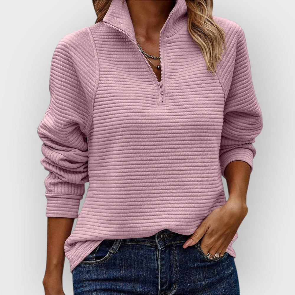 Chrystah half-zip collared sweater in light pink, front view