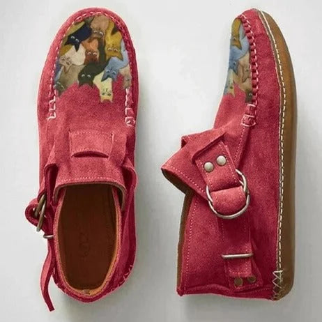 Euphemia casual shoes in red with cat patchwork toe, top view