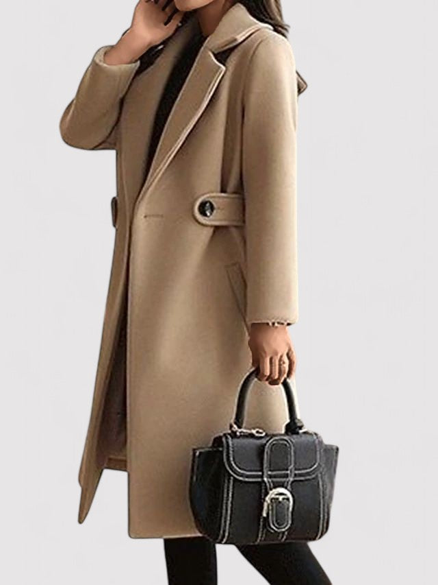 Noelle belted coat in camel, side view showing waist tab