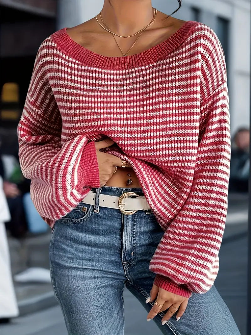 Alenya striped knit sweater in red and white, front view