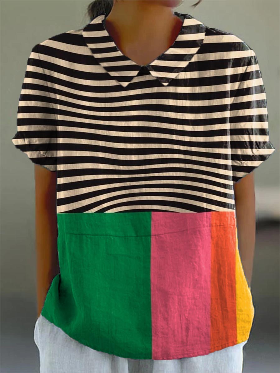 Eva striped colour-block blouse in multicolour, front view on model
