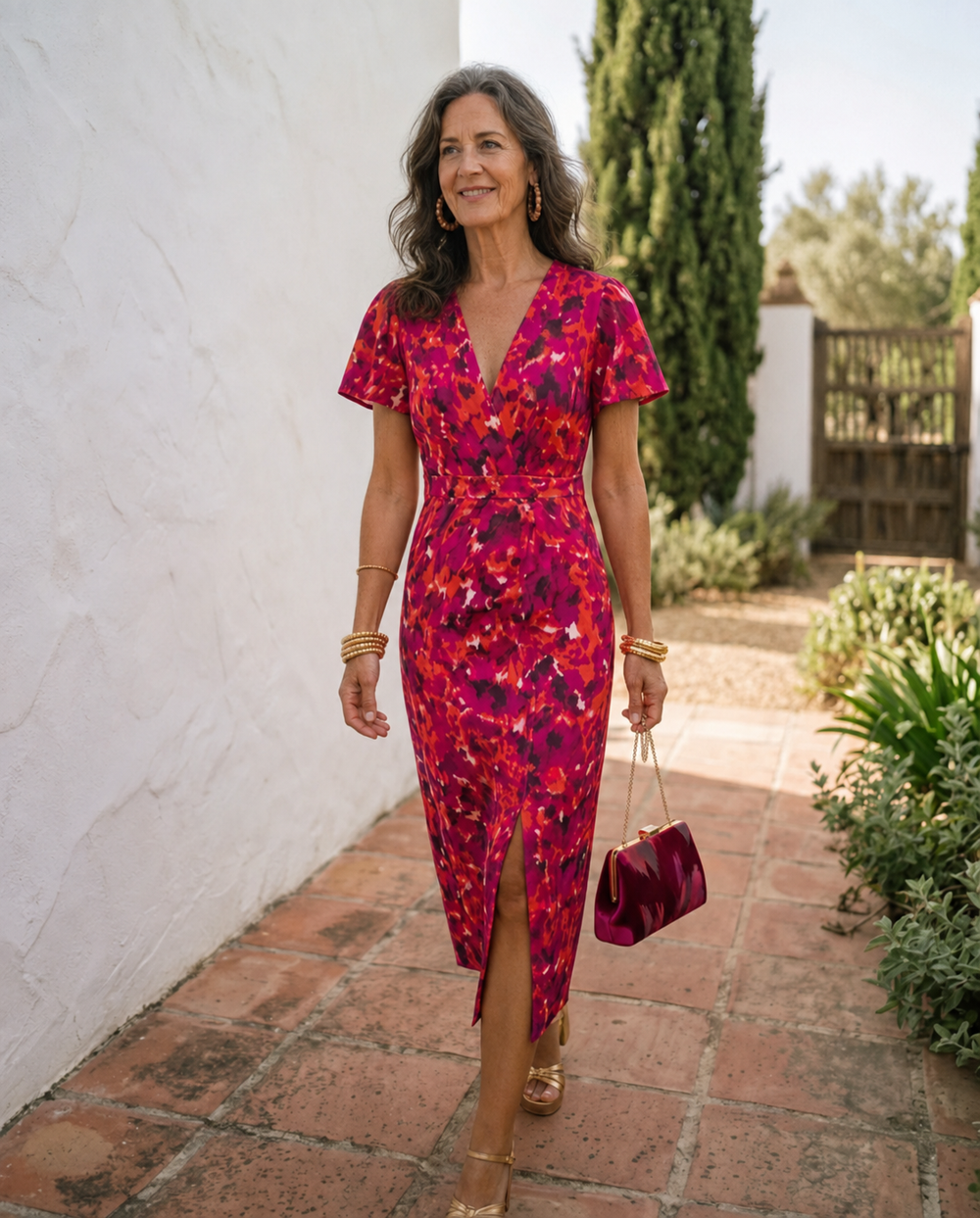 Wanda puff sleeve midi dress in pink and orange floral print, full-length front view