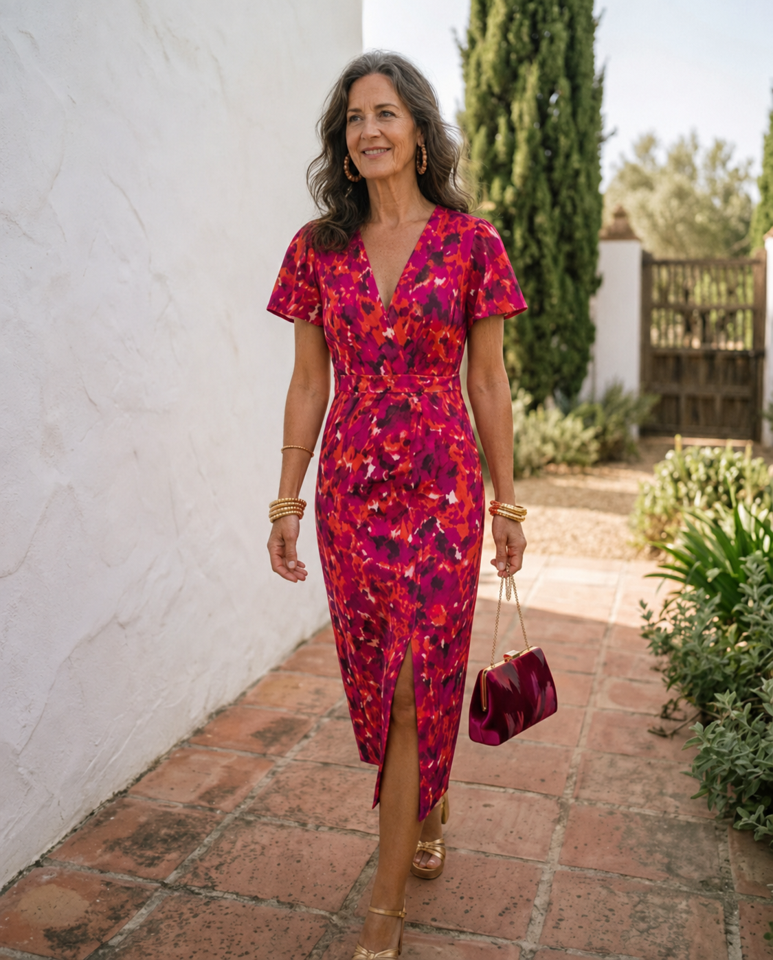 Wanda puff sleeve midi dress in pink and orange floral print, full-length front view