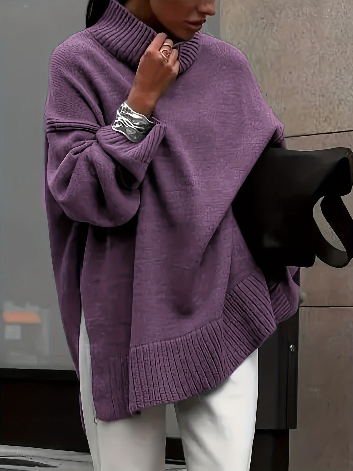 Claar oversized turtleneck sweater in purple, full front view