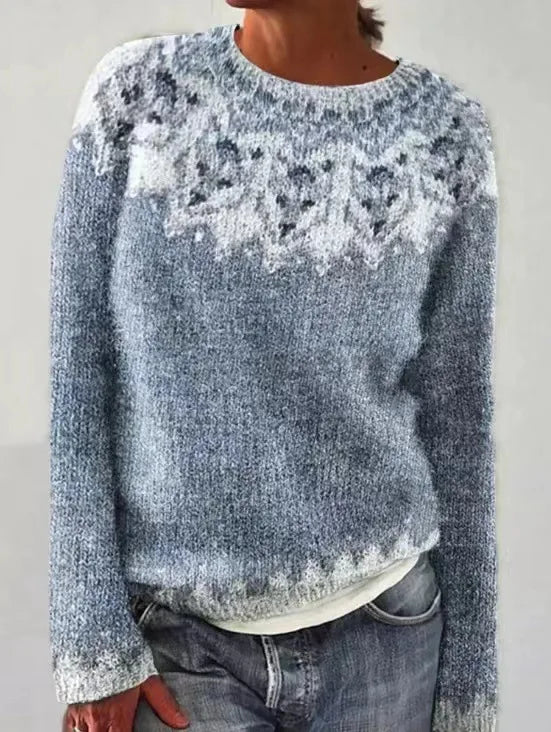 Aurielle vintage knit sweater in blue and white snowflake pattern, front view